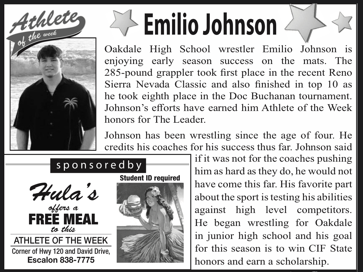 Athlete of the Week feature for Oakdale High School wrestler Emilio Johnson