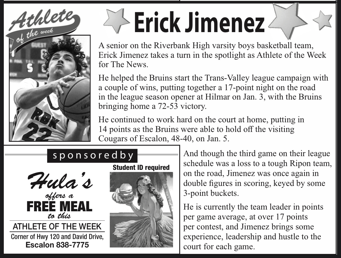 Athlete of the Week feature for Riverbank High School basketball player Erick Jimenez