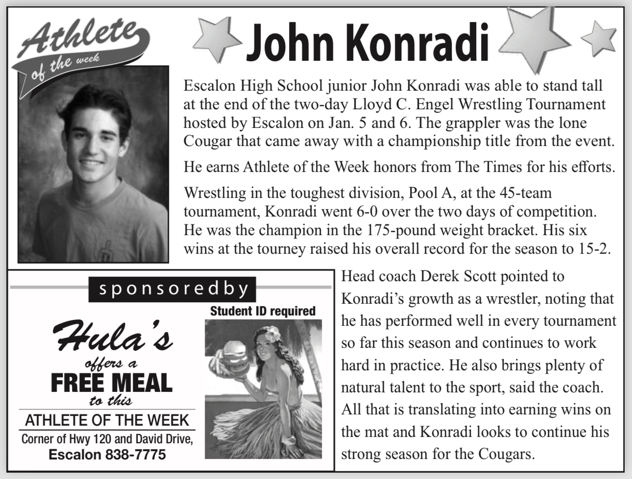 Athlete of the Week feature for Escalon High School wrestler John Konradi