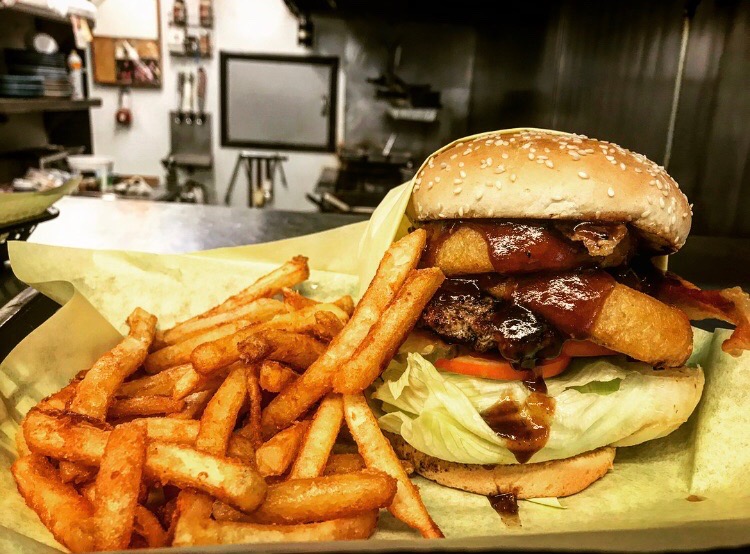 BBQ Onion Ring Burger served at Hula’s restaurant in Escalon