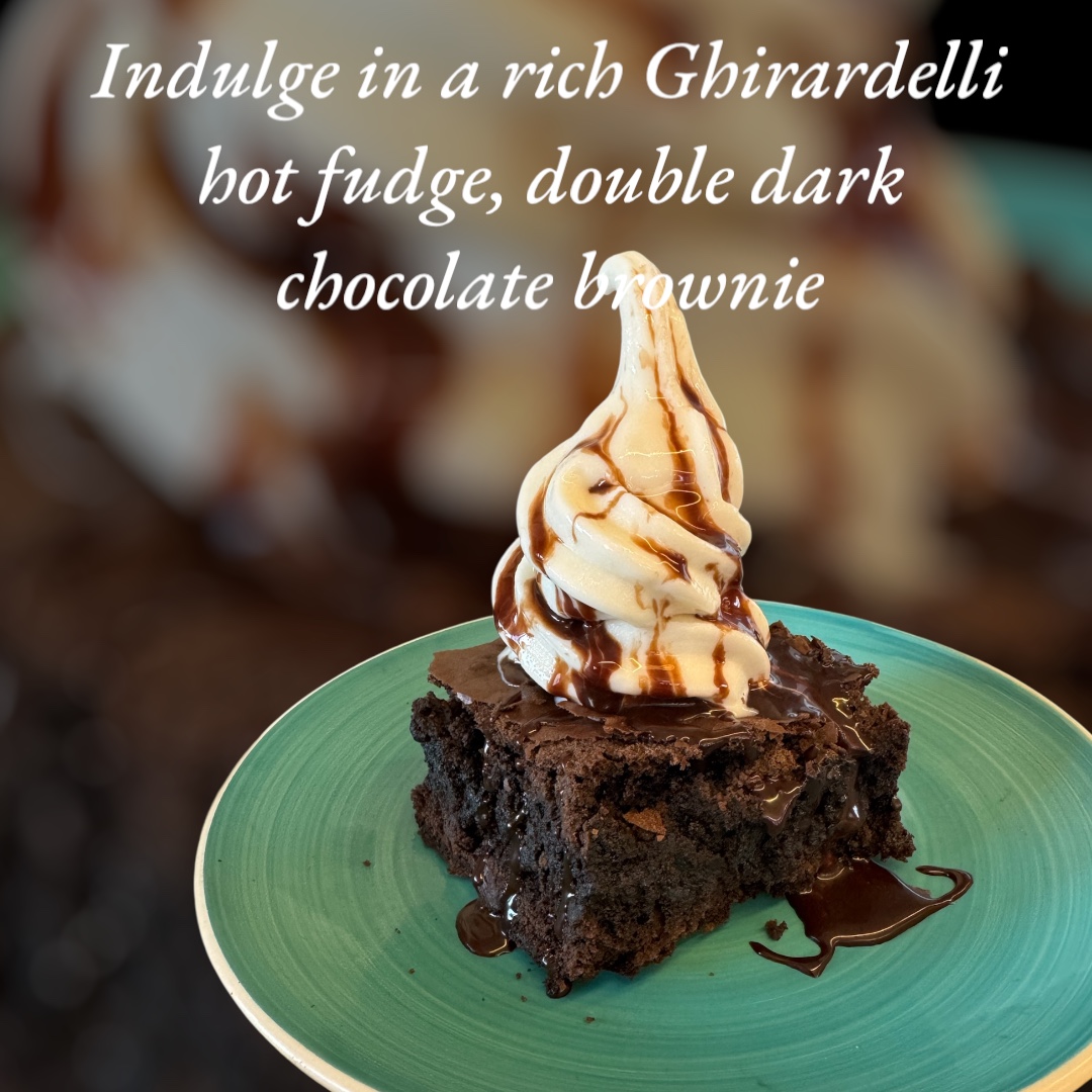Rich Ghirardelli Chocolate Fudge Brownie served at Hula’s restaurant in Escalon