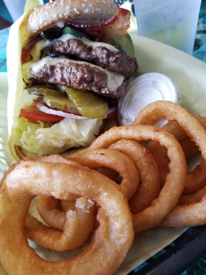 Double Burger & Onion Rings served at Hula’s restaurant in Escalon