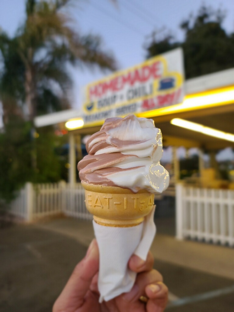 Chocolate and vanilla swirl soft-serve cone at Hula’s